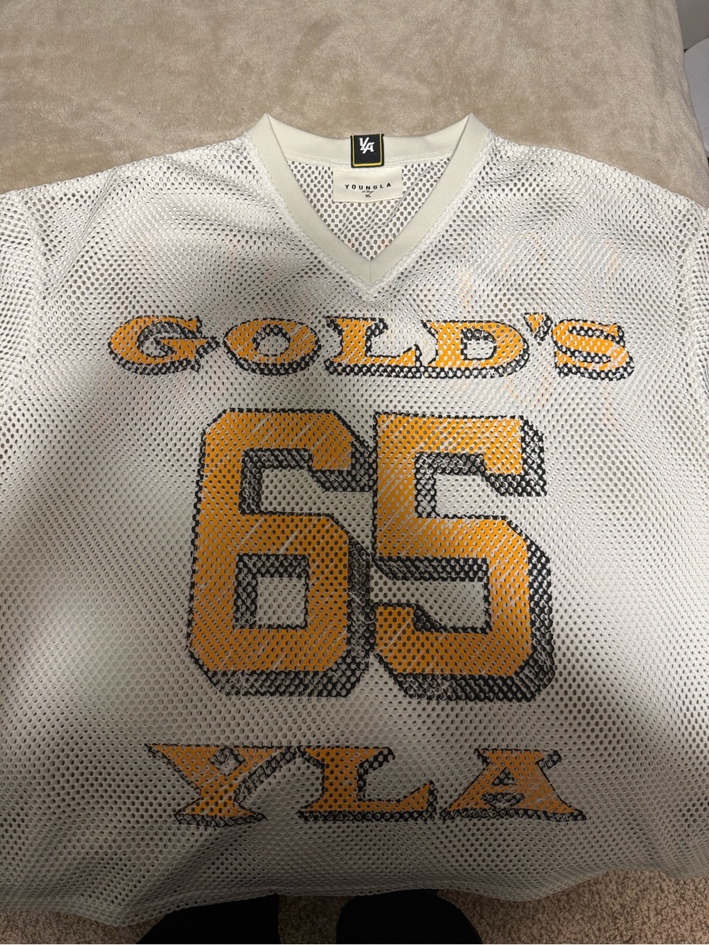 YoungLA White Mesh 'Gold's 65' Athletic Jersey with Gold Lettering